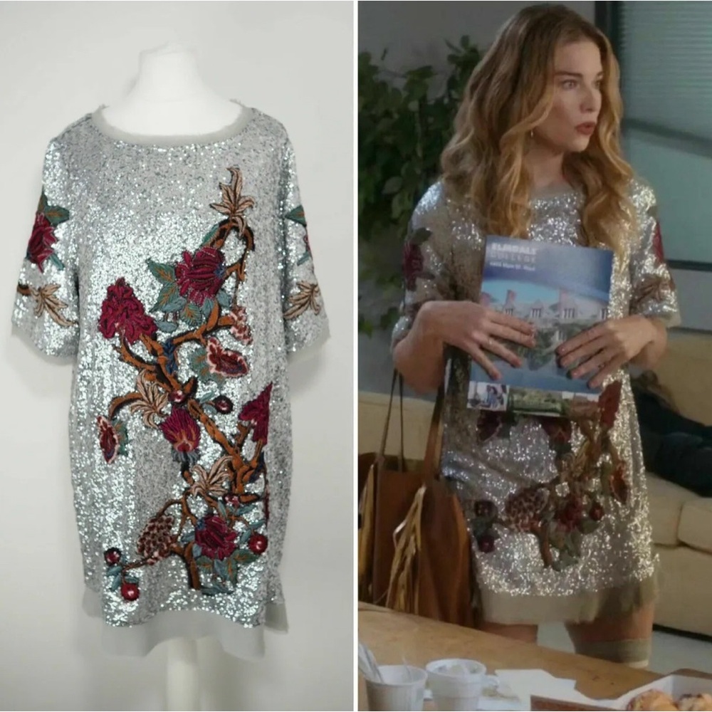 Zara sequin floral T-shirt dress (as seen on Alexis Rose from Schitts Creek)
